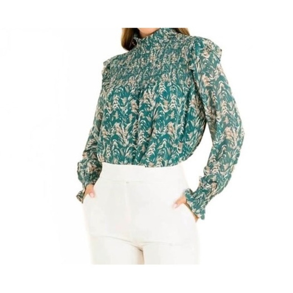 THML Blouse The Rare Pair NEW Smocked Lon Sleeve Teal Green Medium